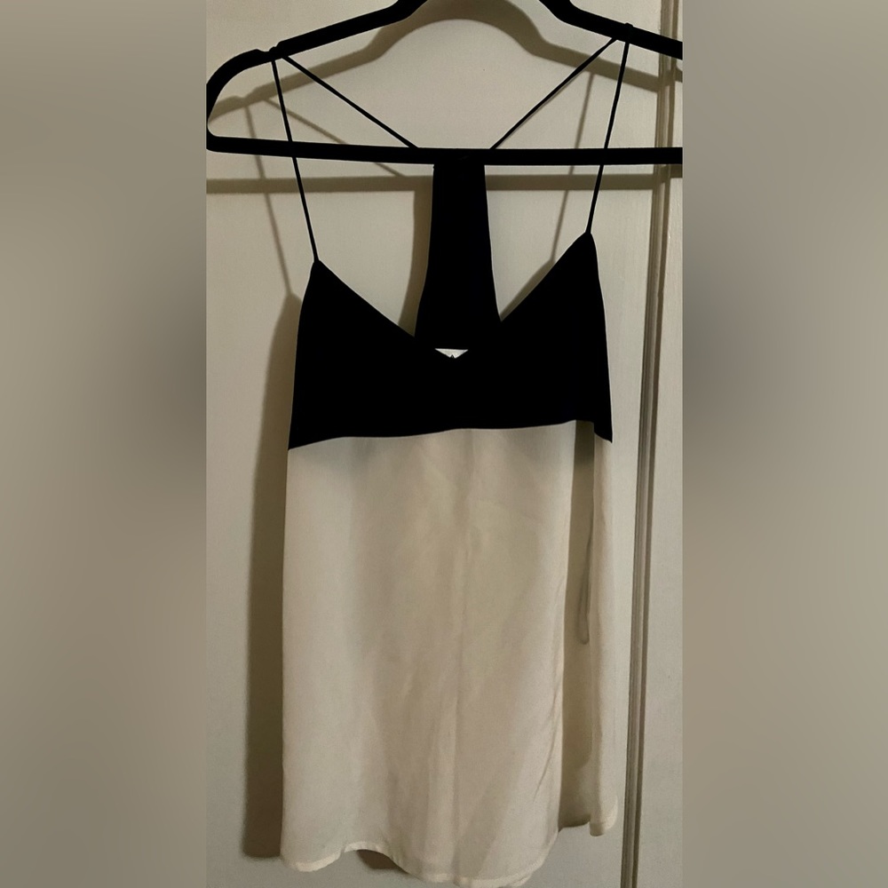 Trina Turk Silk Chiffon White Blue Colorblock Racerback Tank Top Blouse